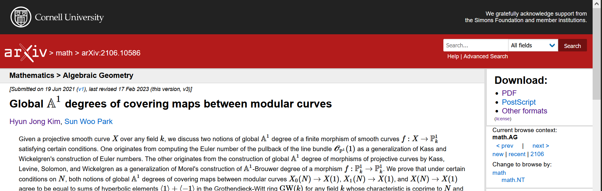 The webpage for an arxiv article