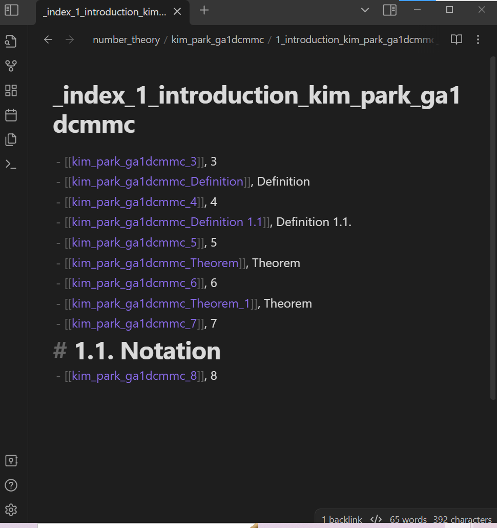 The index file a section of the reference is opened in Obsidian.