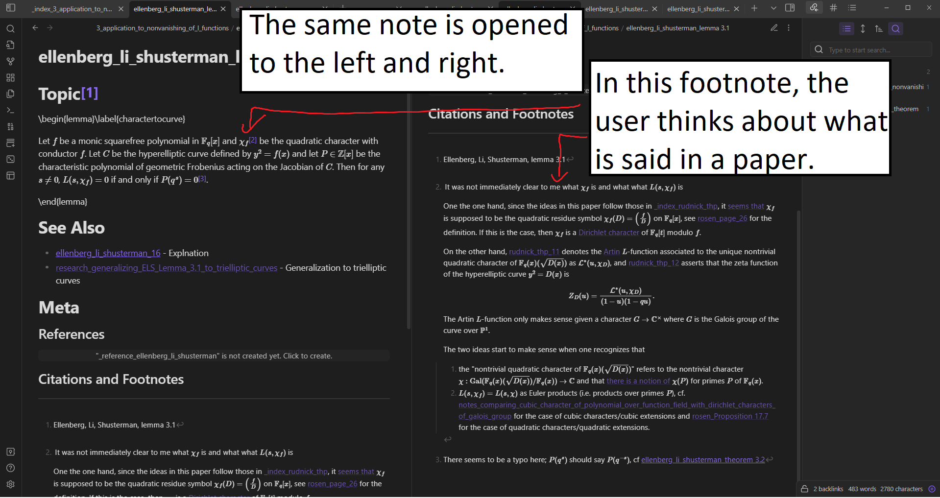 An example of a note with footnotes memoing the user's thought process in reading a paper.