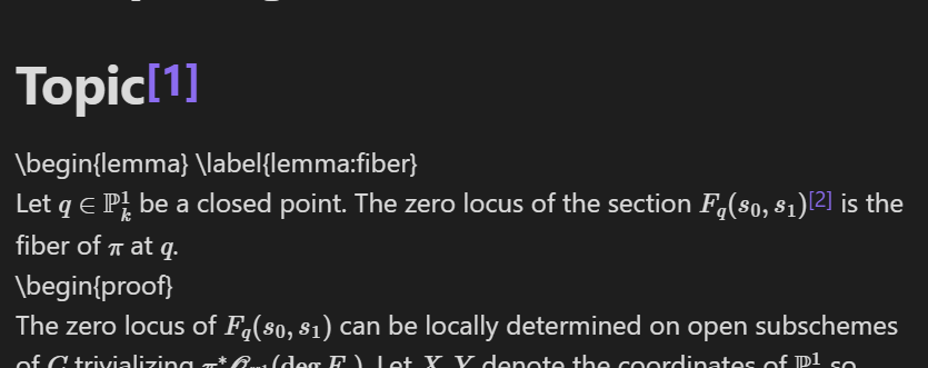 A note viewed in Viewing mode with a footnote that embeds the notation note for $F_q(X,Y)$