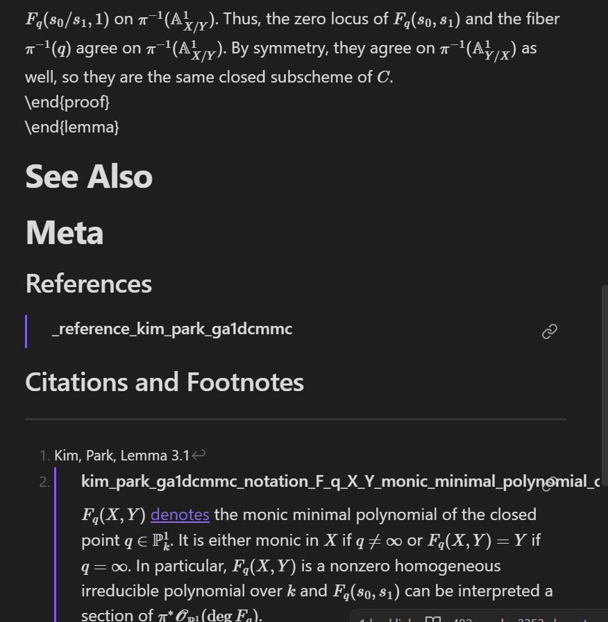 A note viewed in Viewing mode with a footnote that embeds the notation note for $F_q(X,Y)$